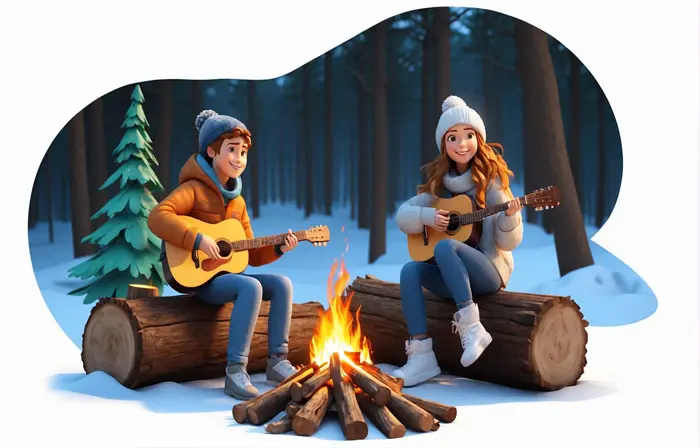 Young Couple by Bonfire Playing Guitar Cartoon 3D Art Illustration image